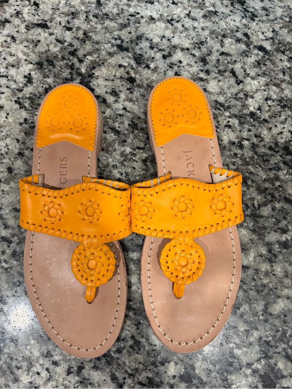 Jack Rogers Orange Leather Floral Cutout Thong Sandals